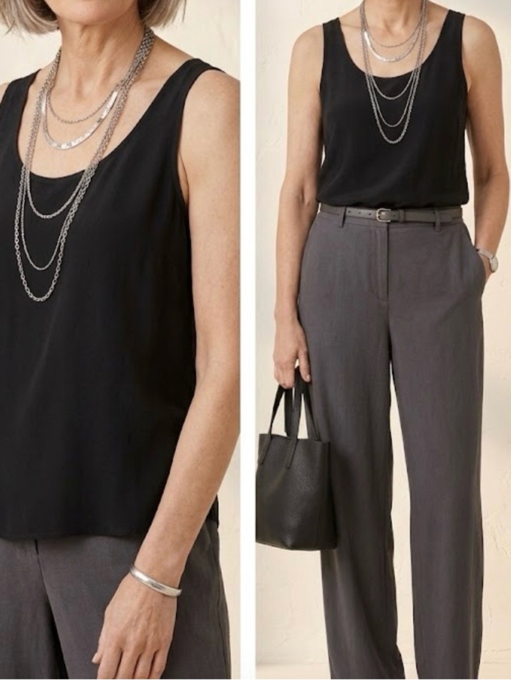Eileen Fisher 100% silk black tank top scoop neck relaxed fit Lg